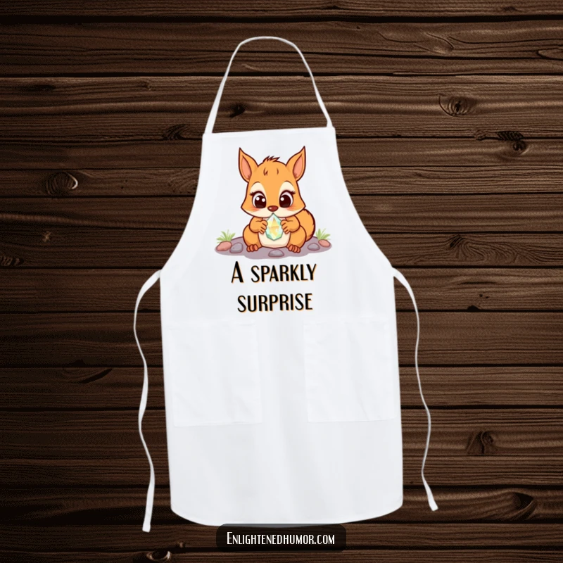 Funny Squirrel Apron: A surprised squirrel discovering a glowing crystal, eyes wide with wonder. Great for kitchen fun.