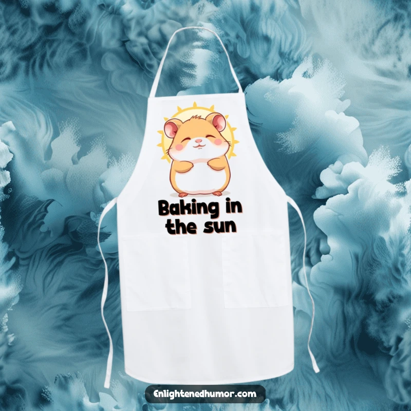 Funny Hamster Apron showing a contented character blissfully basking in a sunbeam, perfect for relaxed cooking.