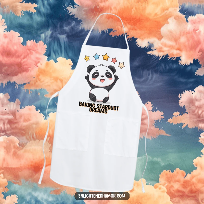 Funny apron featuring a grinning panda reaching for stars, ideal for cheerful cooking and baking.