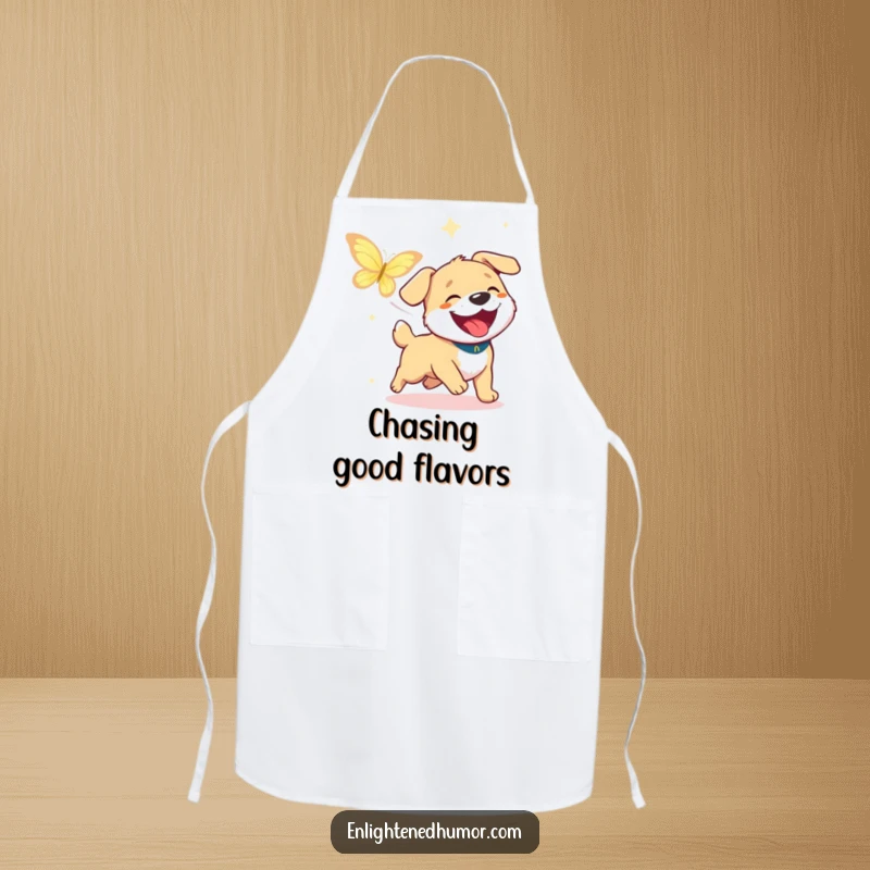 Funny Dog Chase Apron: Apron with a happy dog chasing a butterfly of enlightenment, full of joy. Great funny gift.