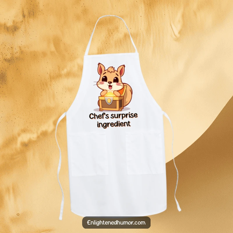 Funny squirrel apron design featuring a surprised squirrel discovering a glowing treasure chest, symbolizing excitement in the kitchen.