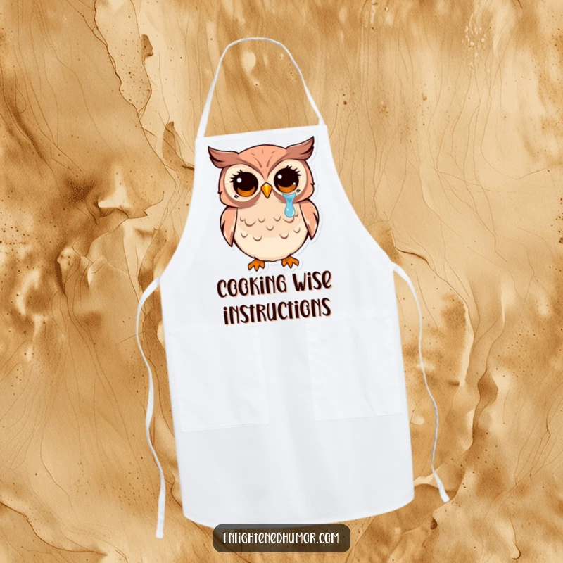 Funny kawaii owl apron with wide, enlightened eyes shedding a tear of joy, perfect for kitchen use and humorous gifting.