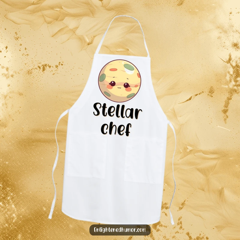 Funny apron showcasing a curious planet character with a gentle, observant expression, perfect for chefs and home cooks who love humor.