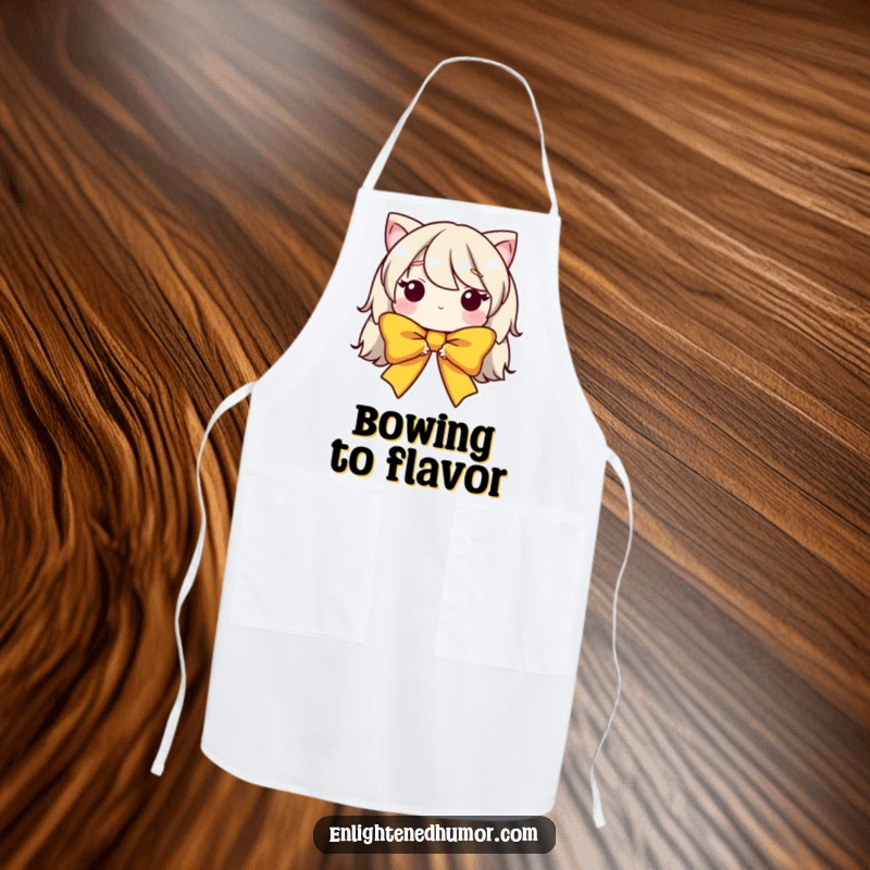 Funny apron depicting a humble bow character with a graceful, bowed form, perfect for cooks who appreciate politeness and humor.