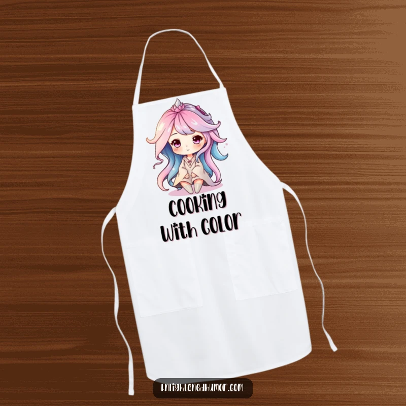 Funny apron showing a serene aura character with soft, swirling colors, designed for cooks seeking a calm environment.