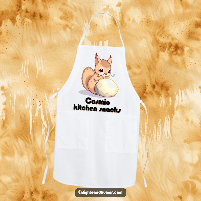 Funny celestial squirrel apron showing a curious squirrel contemplating a glowing stone, perfect for protecting clothes during culinary endeavors.