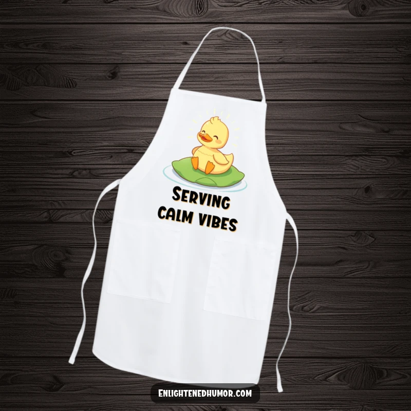 Funny Content Duck Apron: Chef aprons with a glowing content duck on a lily pad, radiating fun. Ideal funny gift for cooks.