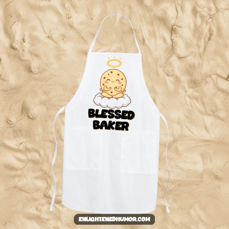 Funny Cookie Meditation Apron showing an exuberant cookie meditating on a cloud with a halo, a humorous baking essential.