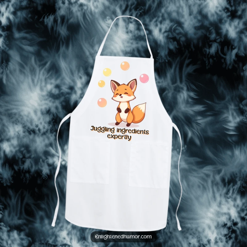 Funny apron with a playful fox juggling three tiny, glowing orbs, bringing humorous magic to cooking.