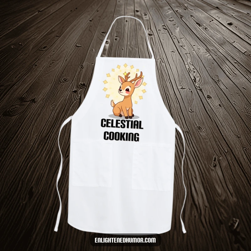 Funny kawaii deer apron with a gentle deer gazing upwards at a swirling mandala of stars, perfect for a magical cook.