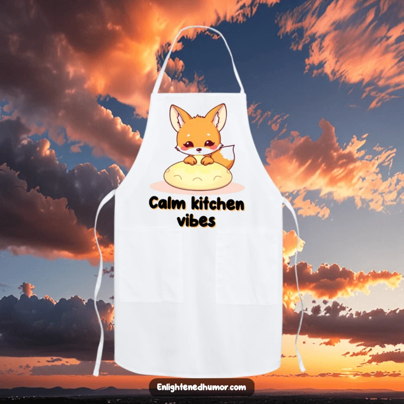 Funny Kawaii Fox Apron: Cute fox peeking from a glowing meditation cushion, ideal for humorous kitchen wear. A fantastic funny gift.
