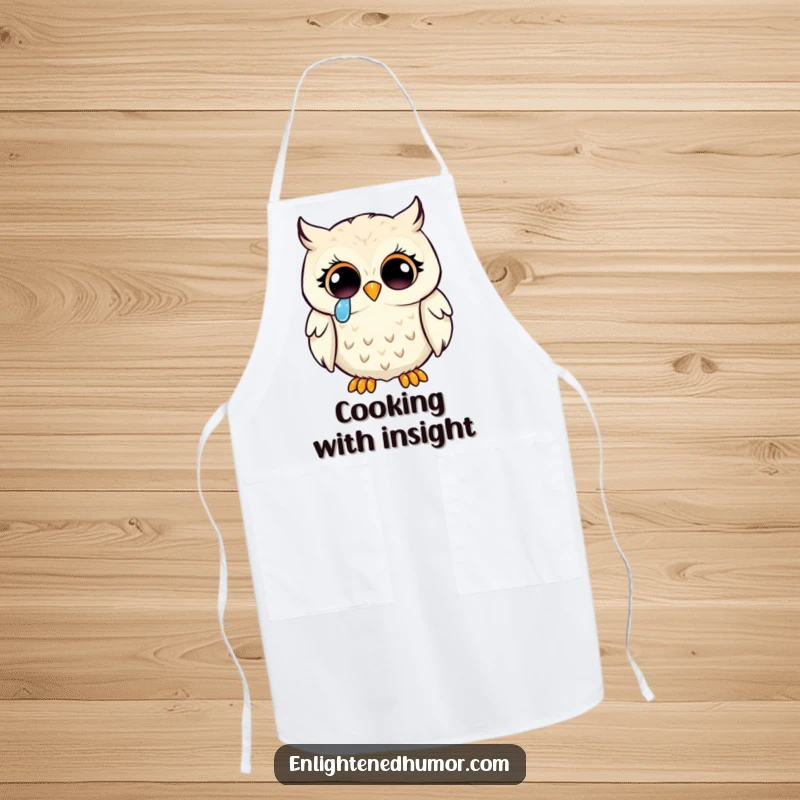 Funny kawaii owl enlightenment apron, a wise owl with enlightened eyes shedding a tear of joy, ideal for mindful cooking.