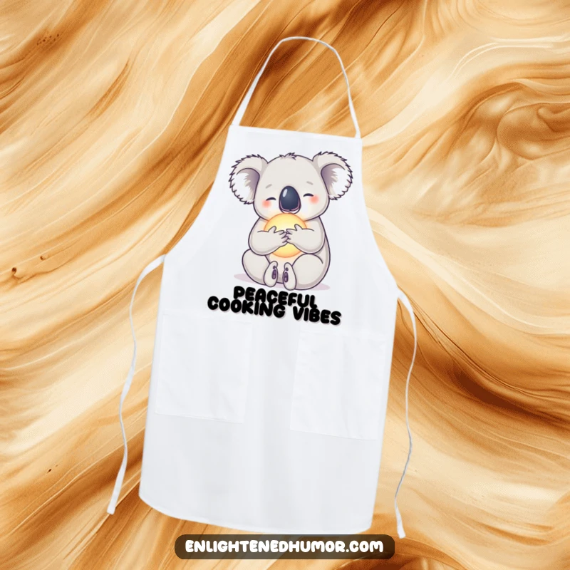 Funny apron featuring a serene koala embracing a radiant orb, ideal for calm cooking.