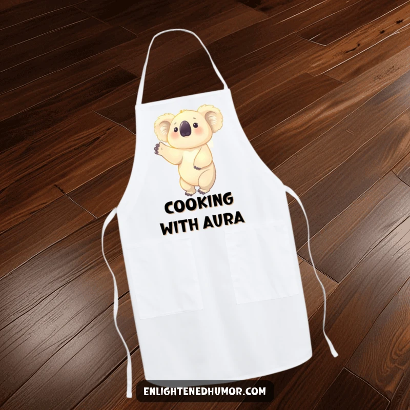 Funny apron featuring a glowing koala reaching upwards with a faint aura, inspiring calm creativity during cooking.