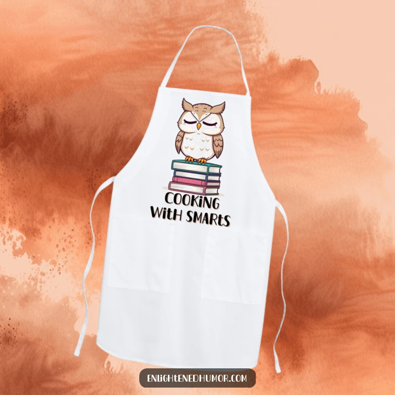 Funny apron featuring a wise owl perched on a stack of books, eyes closed in thought, adding intellectual charm to culinary tasks.
