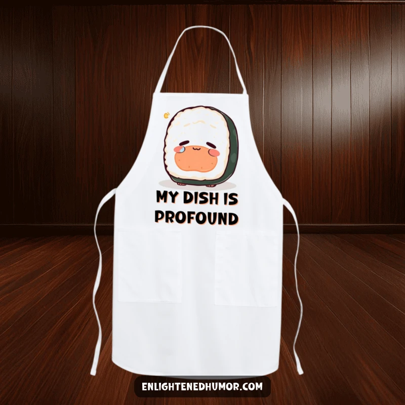 Funny sushi apron, peaceful, contemplating existence, single tear of joy, culinary contemplation accessory.