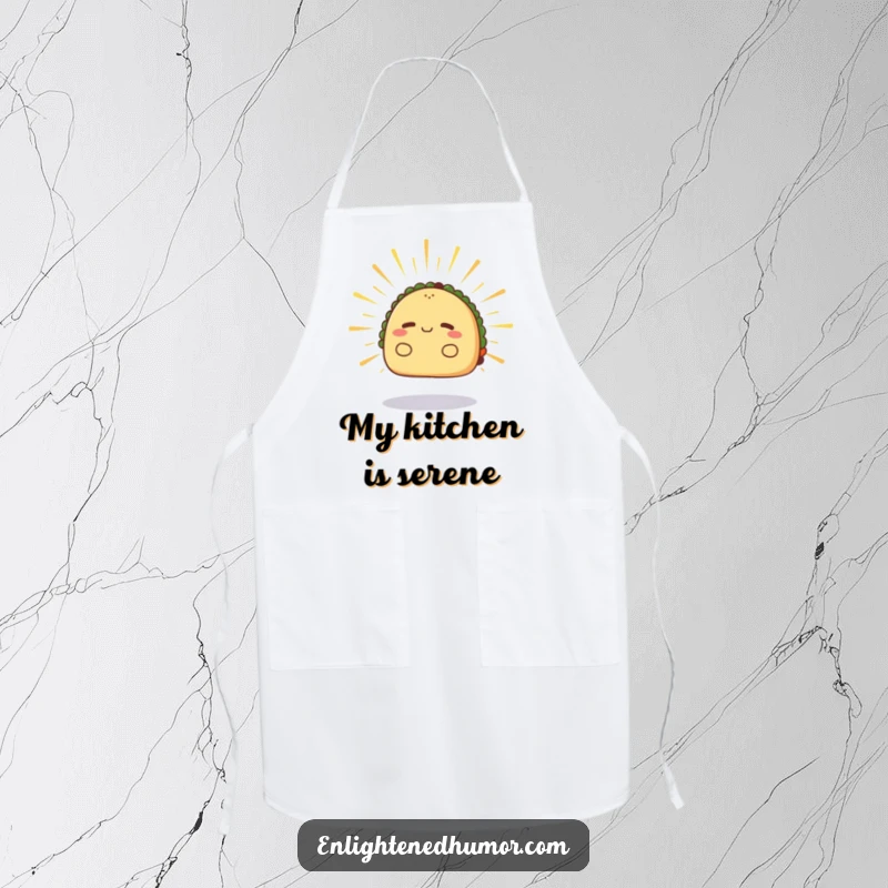 Funny taco apron, radiant, levitating slightly, radiating calm energy, calm kitchen accessory.