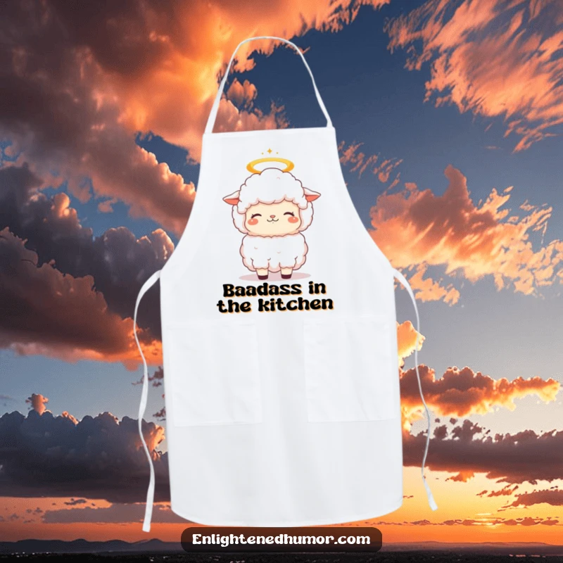 Funny fluffy kawaii sheep apron with a halo, its head bobbing in contemplative bliss, perfect for kitchen use and gifting.