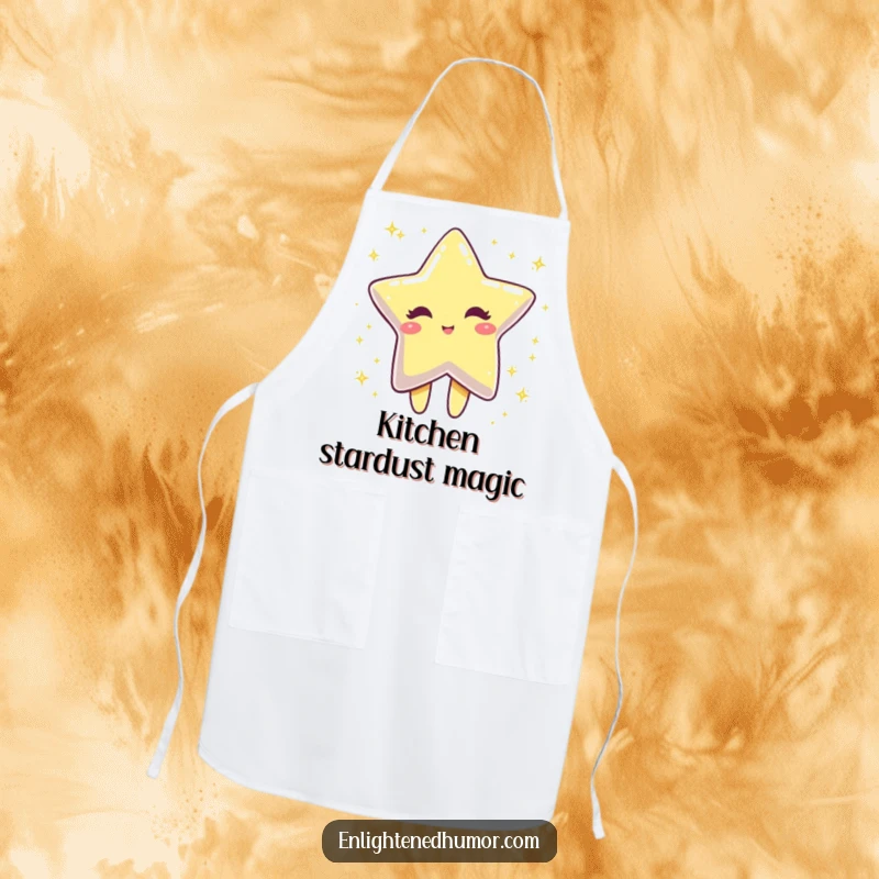Funny winking star character wearing an apron, dissolving into sparkling dust, a cute and practical funny kitchen accessory.
