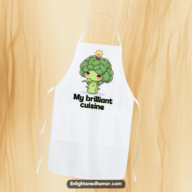 Funny broccoli apron, thoughtful, deep in thought, tiny lightbulb above, smart kitchen accessory.