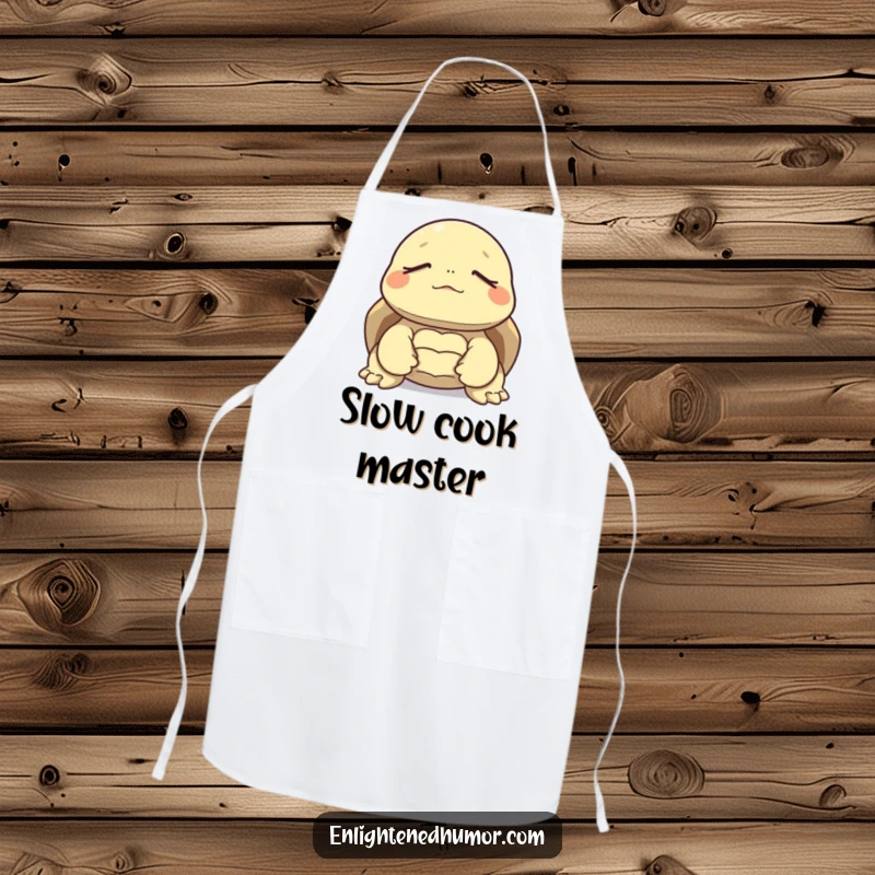 Funny apron with a tortoise meditating peacefully, eyes closed, bringing a sense of calm and humor to the kitchen.