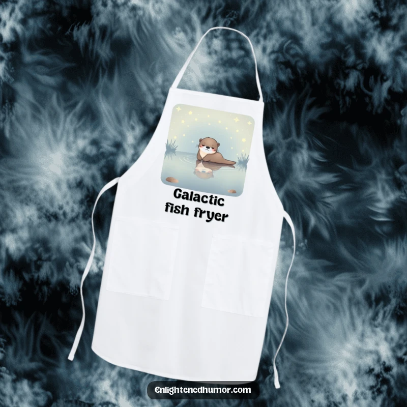 Funny celestial otter apron showing a serene otter floating in a starlit pond, perfect for keeping clothes clean while cooking.