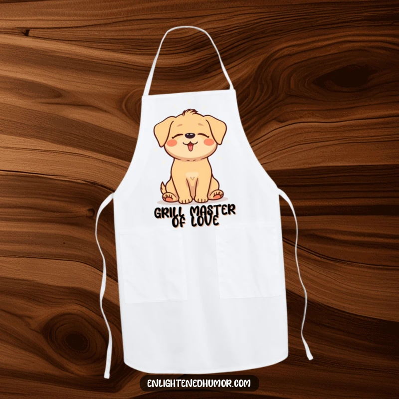 Funny apron showing a happy dog sitting with eyes closed, emanating a gentle aura of light, perfect for kitchen serenity.