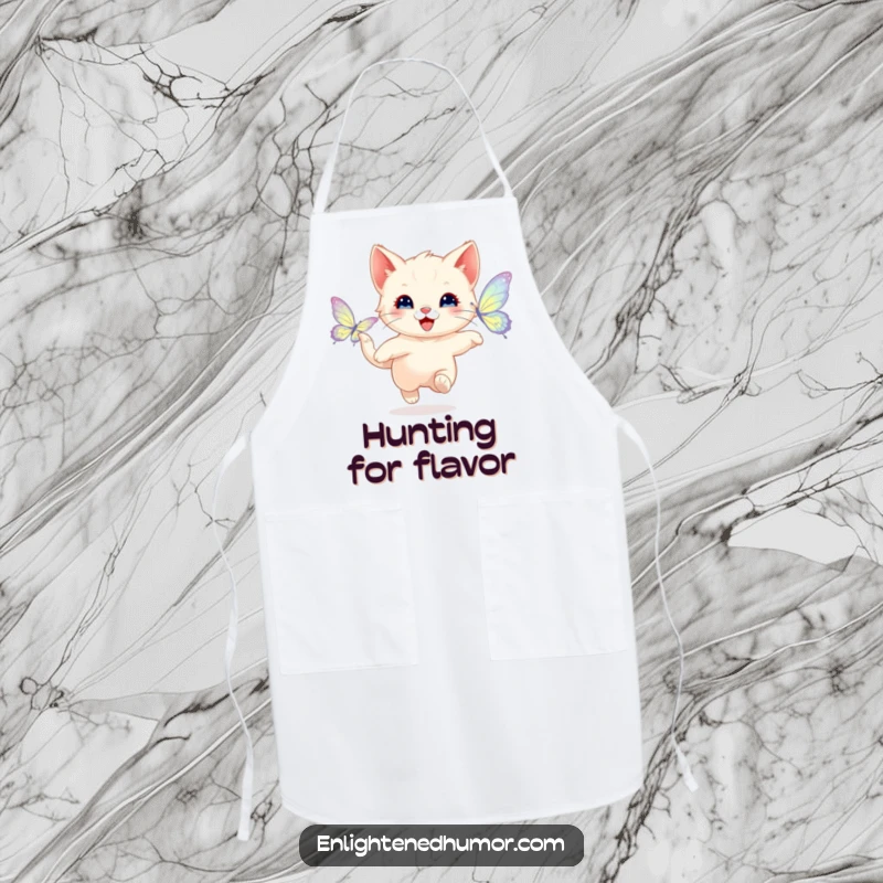 Funny apron with a happy kitten playfully chasing a shimmering butterfly with radiant wings, perfect for fun cooking and whimsical kitchen activities.