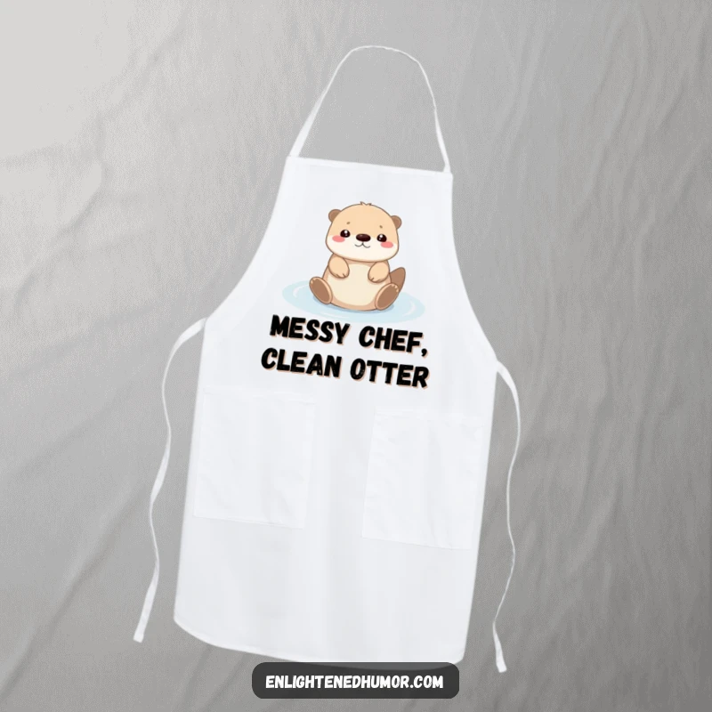 Funny tiny kawaii otter apron with a serene character floating on its back in light, perfect for kitchen use and gifting.