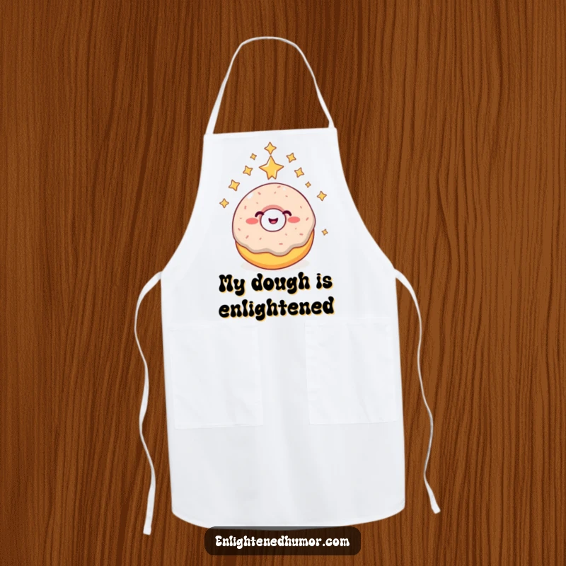 Funny donut apron, giggling, reaching higher consciousness, surrounded by stars, funny kitchen accessory.
