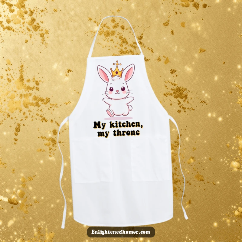Funny Bunny King Apron: Kitchen apron adorned with a hopping bunny wearing a small, shiny crown, ready for cooking.