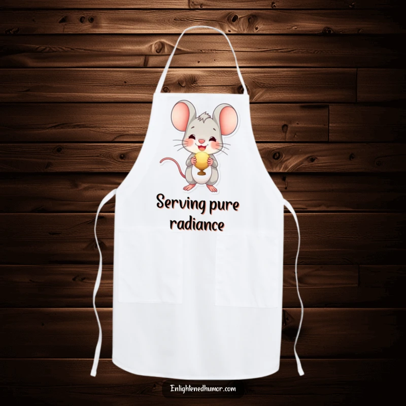 Funny apron with a cheerful mouse character holding a sparkling radiant orb, designed for delightful cooking and kitchen fun.