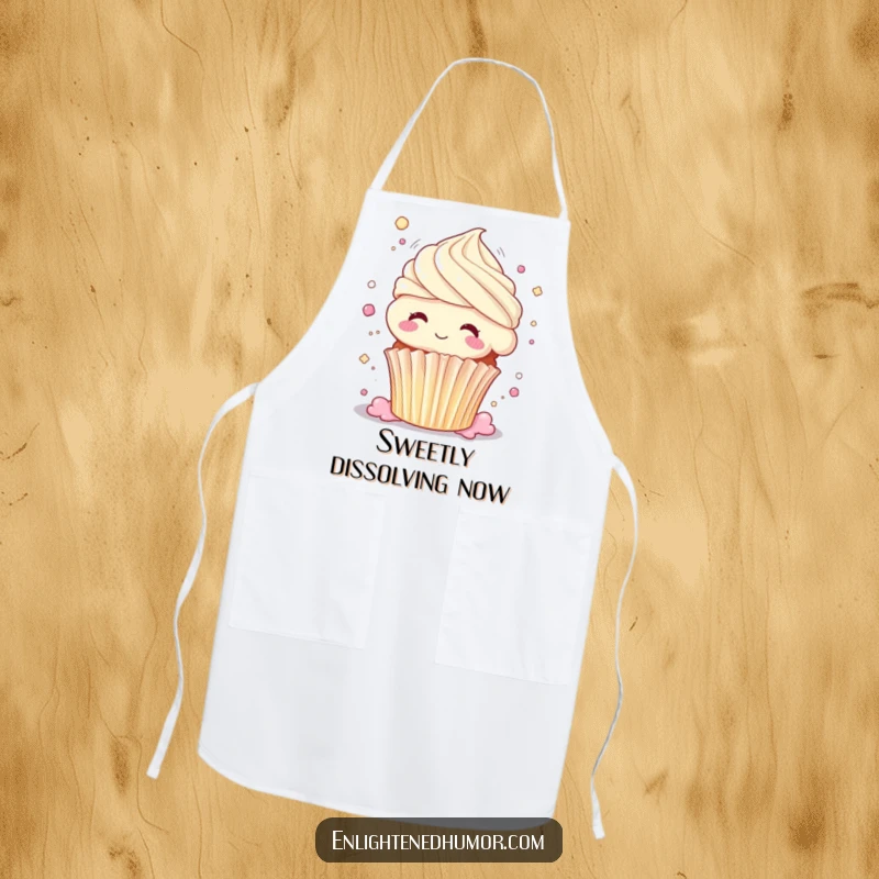 Funny cupcake apron, dissolving into pure bliss, body shimmering, sweet baking accessory, humorous kitchenware.