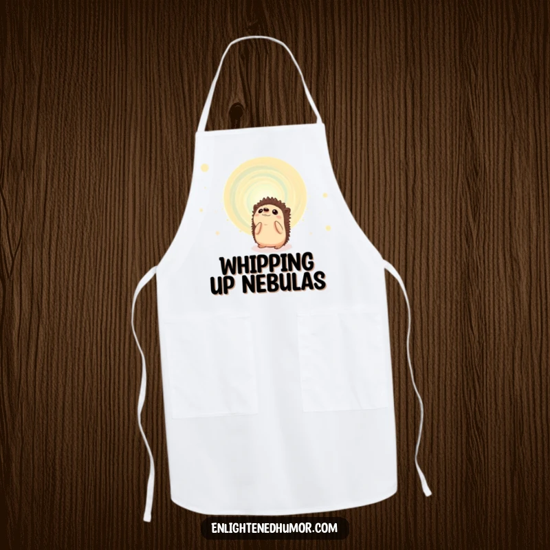 Funny hedgehog apron for cooking, showing a curious animal fascinated by a swirling cosmic energy vortex, a humorous kitchen accessory.