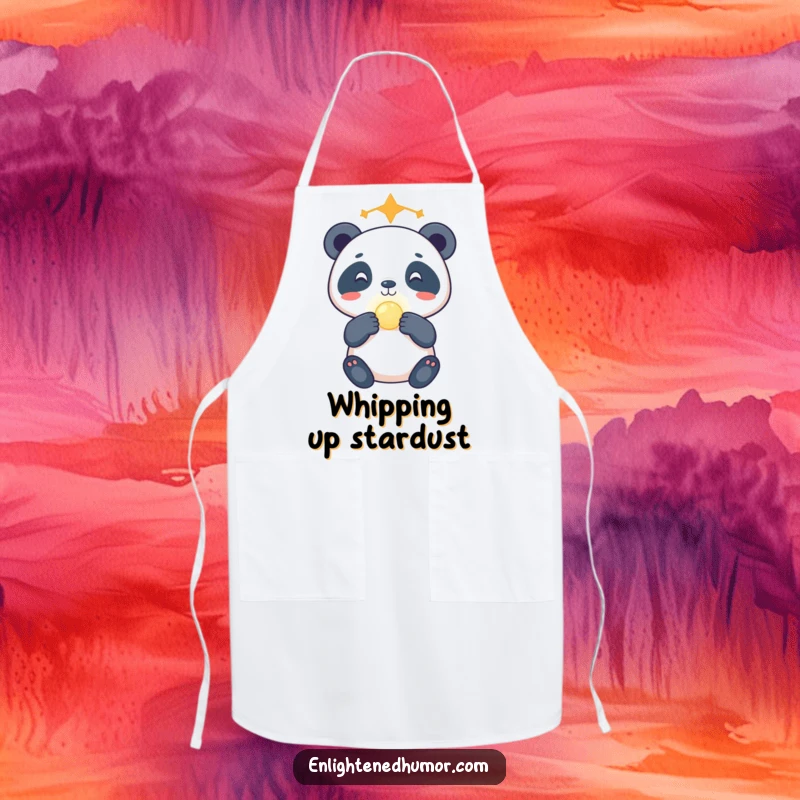 Funny celestial panda apron depicting a gleeful panda mastering the art of balancing a glowing orb on its nose while cooking.