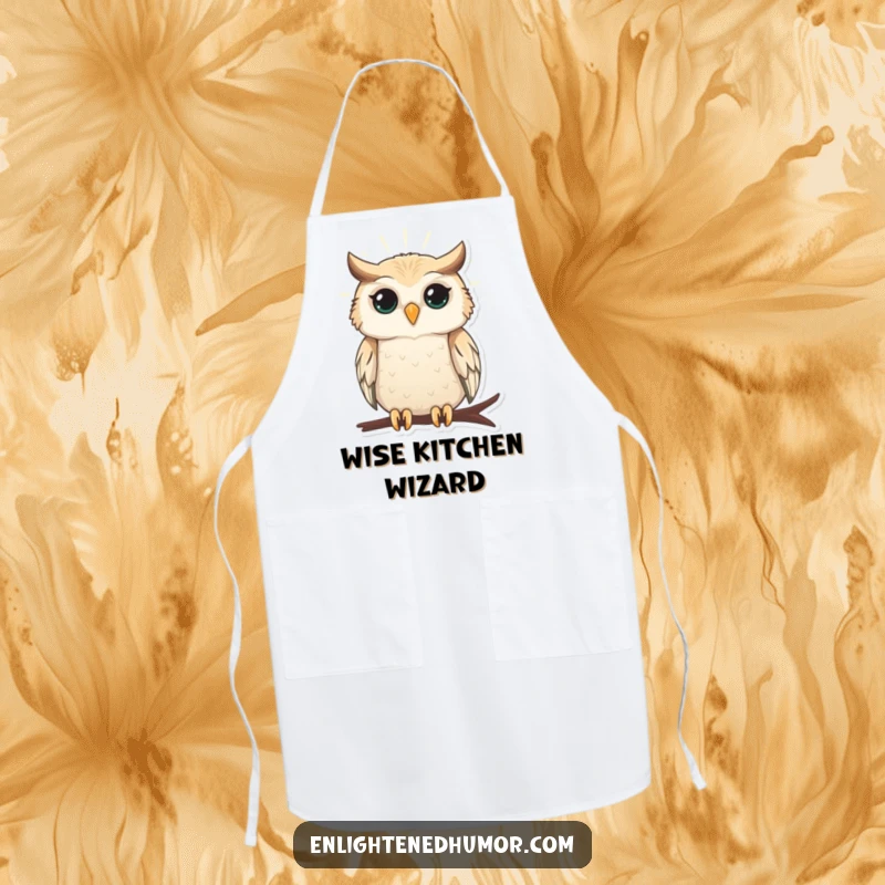 Funny apron with a wise owl perched serenely, radiating light, bringing knowledge and humor to the kitchen.