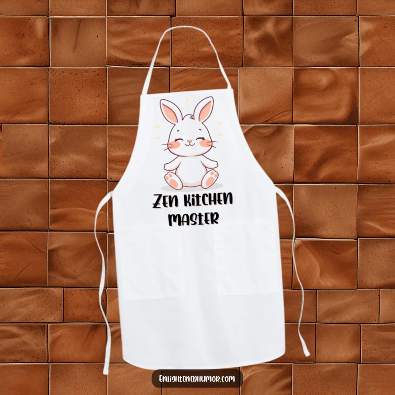 Funny rabbit apron design featuring a smiling rabbit meditating with a gentle halo of light, symbolizing peaceful cooking and humor.