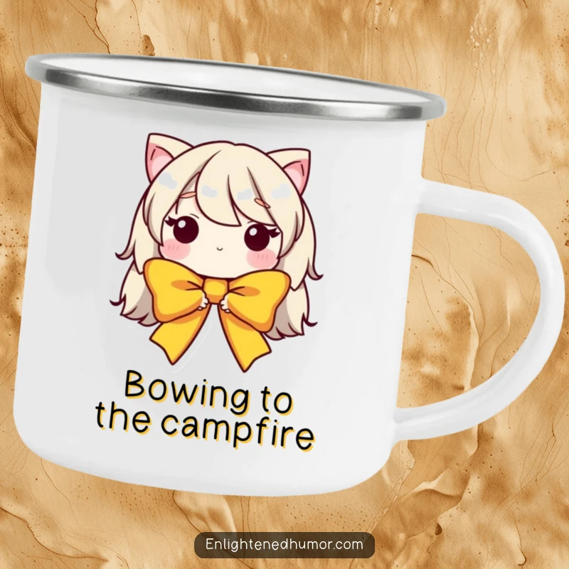 Funny camping mug with a humble bow character in a graceful, bowed form, ideal for outdoor beverages and polite conversations.