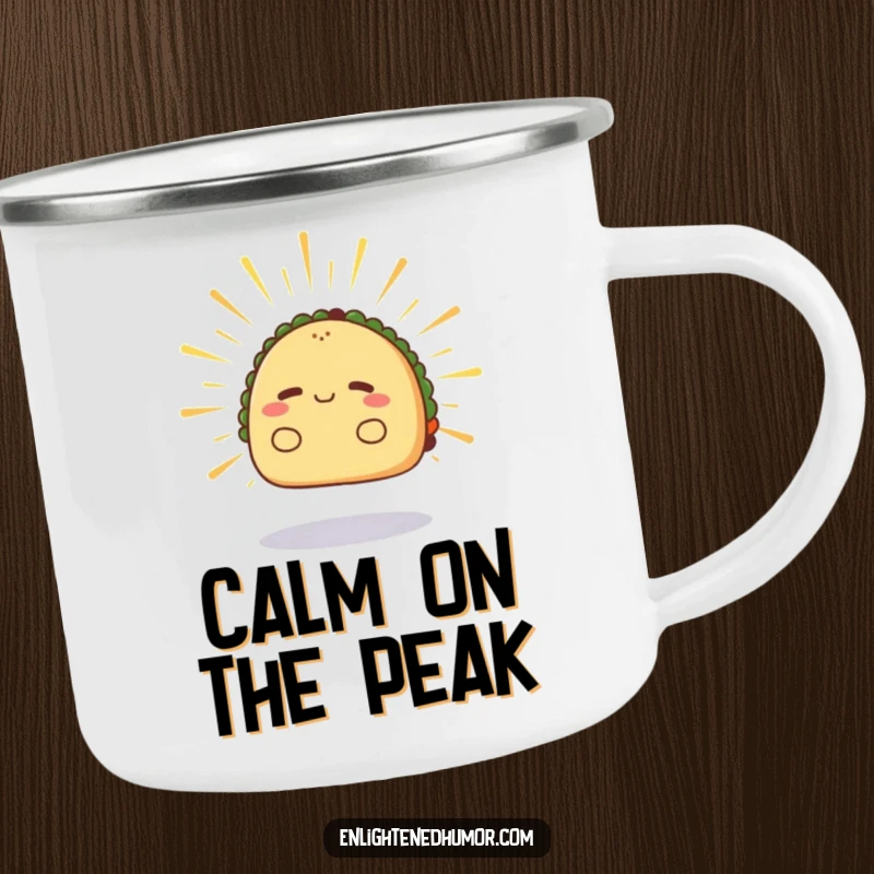 Funny taco camping mug, radiant, levitating slightly, radiating calm energy, outdoor serenity.