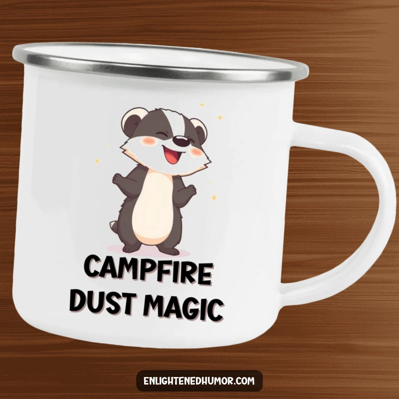 Funny camping mug featuring a giggling badger releasing sparkling dust, ideal for magical outdoor drinks.
