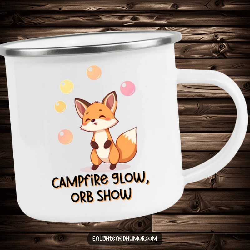Funny enamel camping mug with a playful fox juggling glowing orbs, perfect for humorous outdoor enchantment.