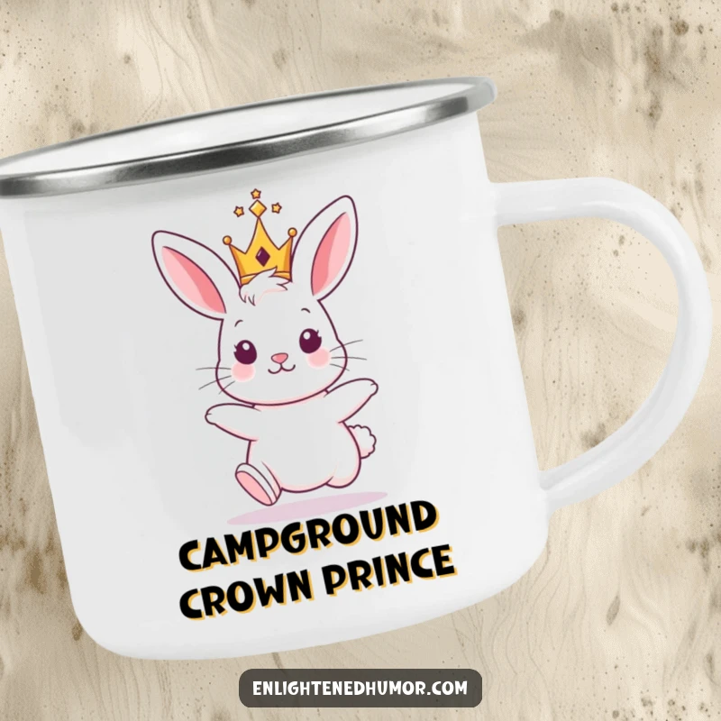 Funny Bunny King Camping Mug: Enamel mug with a hopping bunny wearing a tiny, shining crown, perfect for outdoor royalty.
