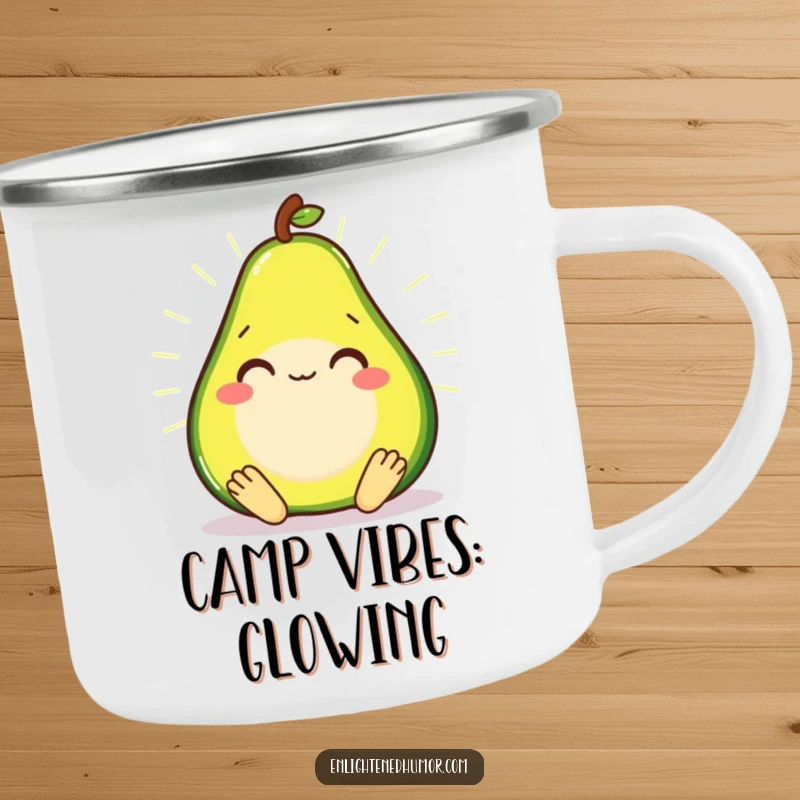 Smiling avocado in a meditative state, radiating a soft glow on a rugged camping mug.