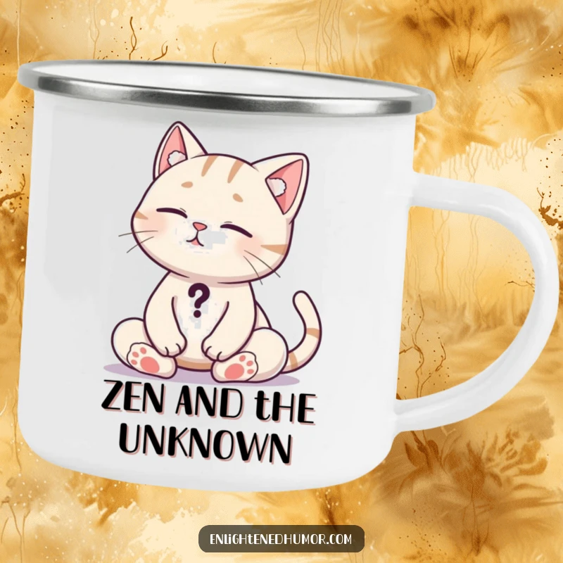 Funny Cat Campfire Mug: Sturdy mug with a meditating cat, tail a question mark, perfect for campfire contemplation. Perfect funny gift.