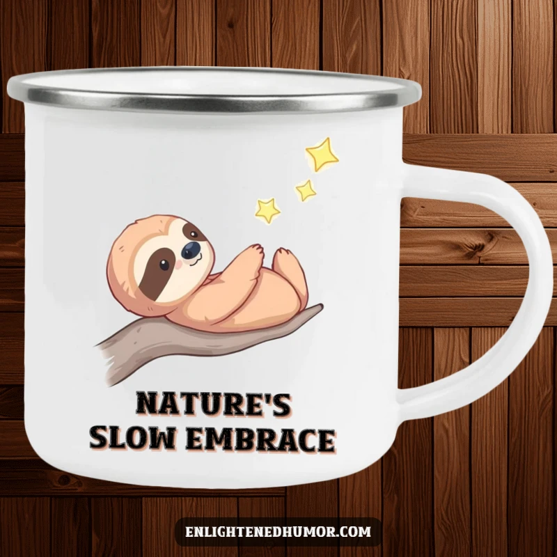 Funny celestial sloth camping mug featuring a thoughtful sloth gazing at a twinkling star, perfect for peaceful outdoor moments.