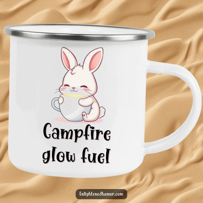 Funny camping mug featuring a contented bunny sipping from a gently glowing cup, perfect for outdoor serenity.