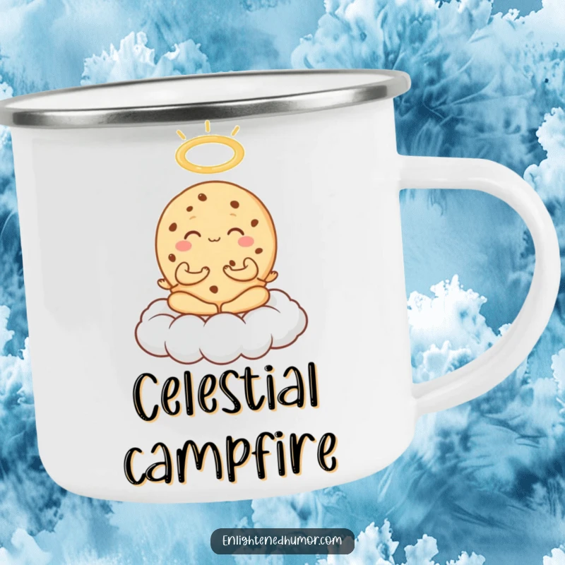 Funny Cookie Meditation Camping Mug showing an exuberant cookie meditating on a cloud with a halo, ideal for outdoor humor.