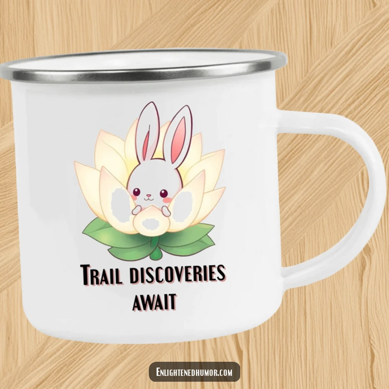 Funny enamel camping mug featuring a curious bunny peeking from behind a glowing lotus flower, perfect for serene outdoor beverages.