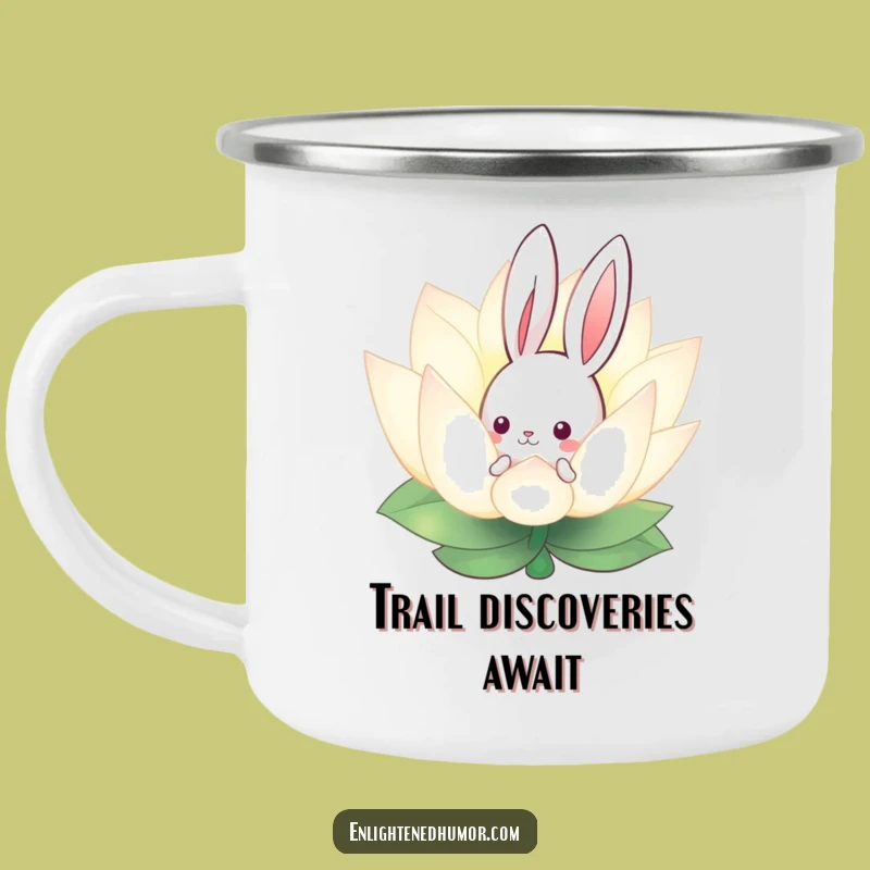 Funny Curious Bunny Lotus Camping Mug - Enchanted Enamel Cup for Outdoor Peace