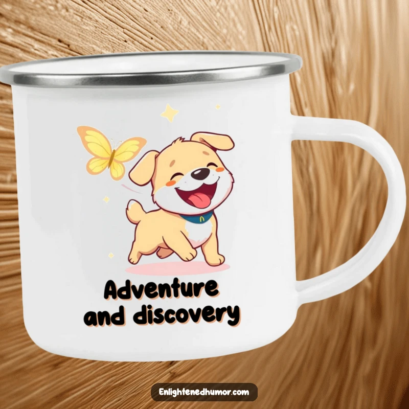 Funny Dog Adventure Mug: Sturdy mug with a happy dog chasing enlightenment, full of outdoor joy. Perfect funny gift.